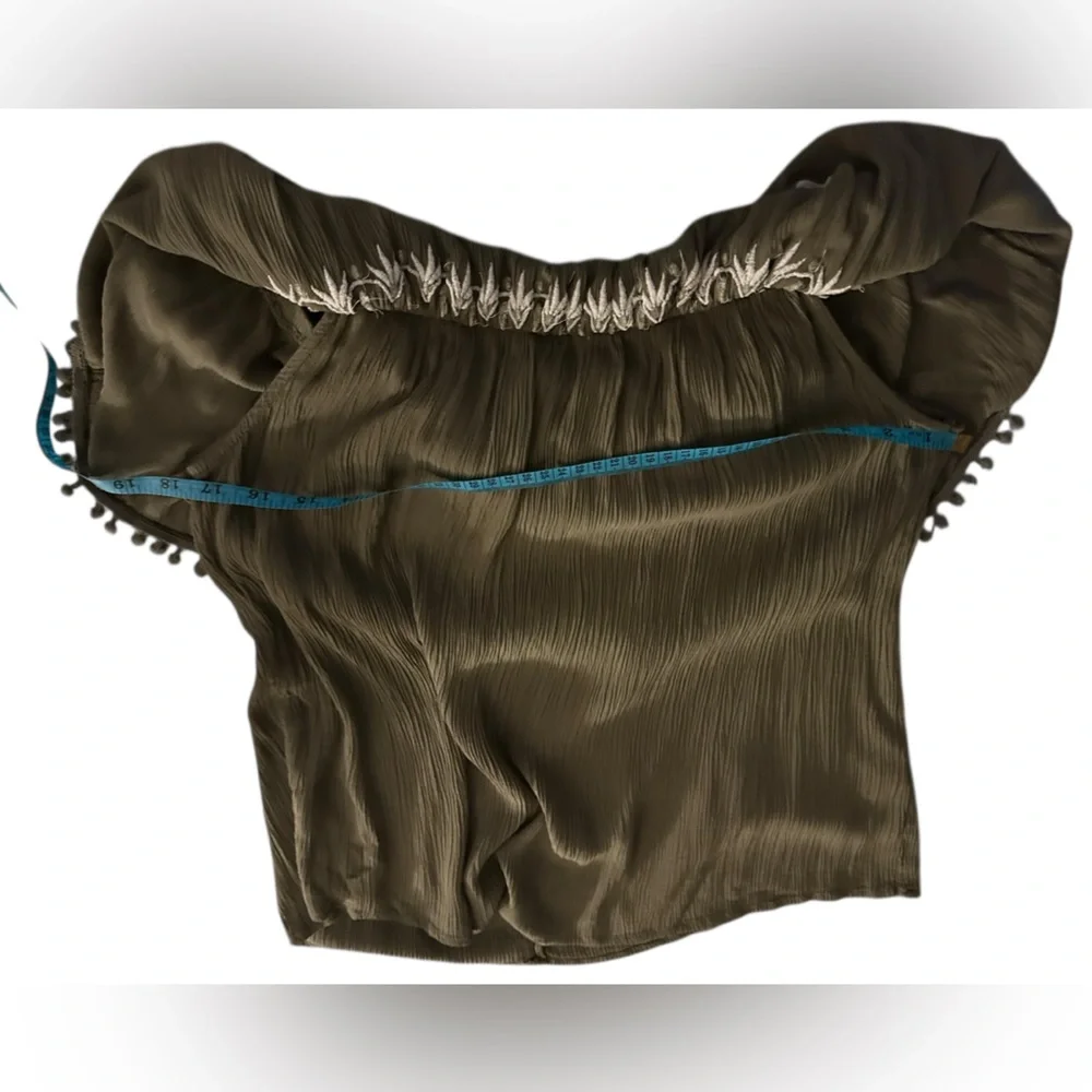 Blue Rain | Embroidered Olive Green Women's Shorts Sleeve Rayon Peplum Top - Picture 10 of 15